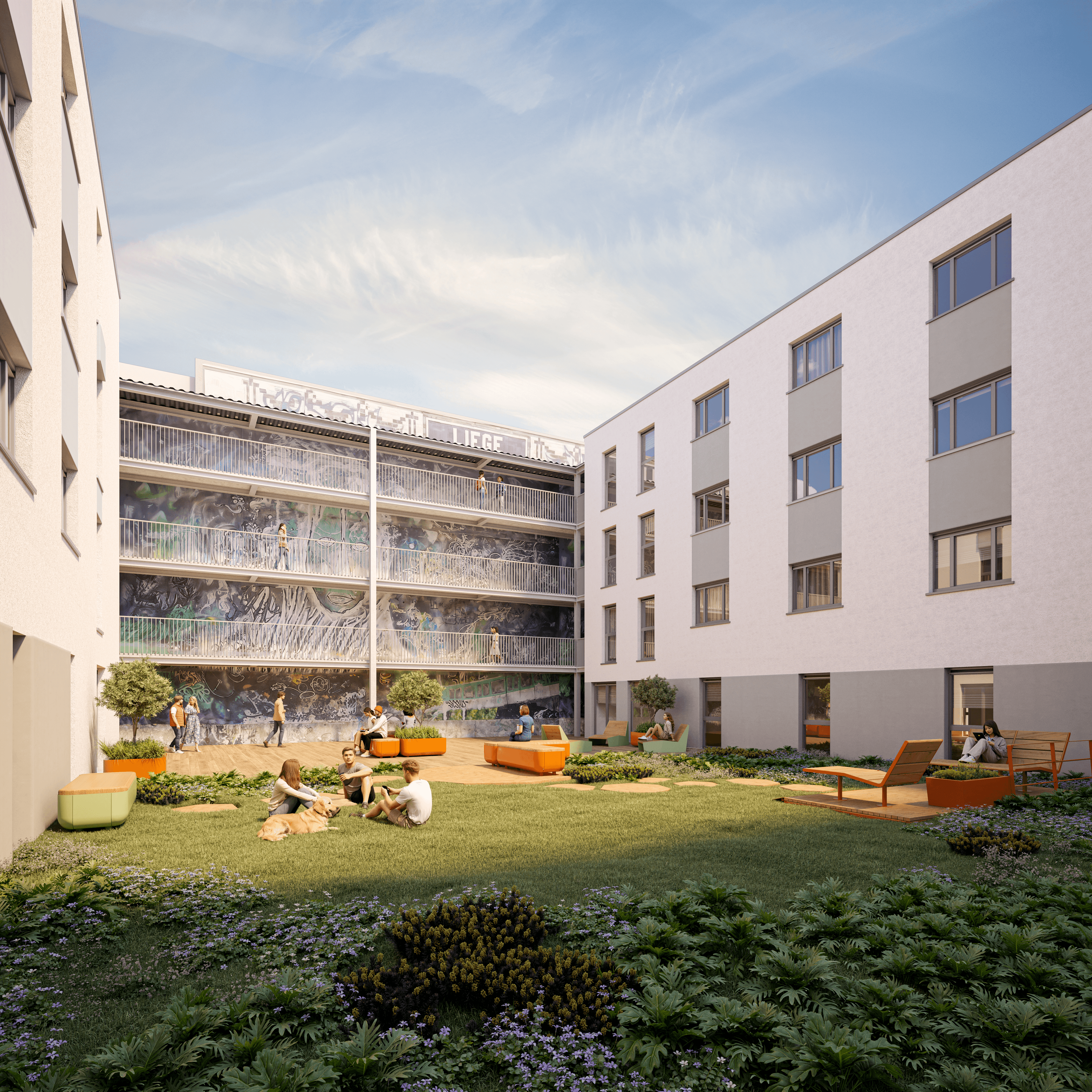 Cour intérieure paysagée avec espaces verts, terrasses et zones de détente partagées. L’ensemble est entouré de bâtiments résidentiels et animé par des circulations piétonnes.