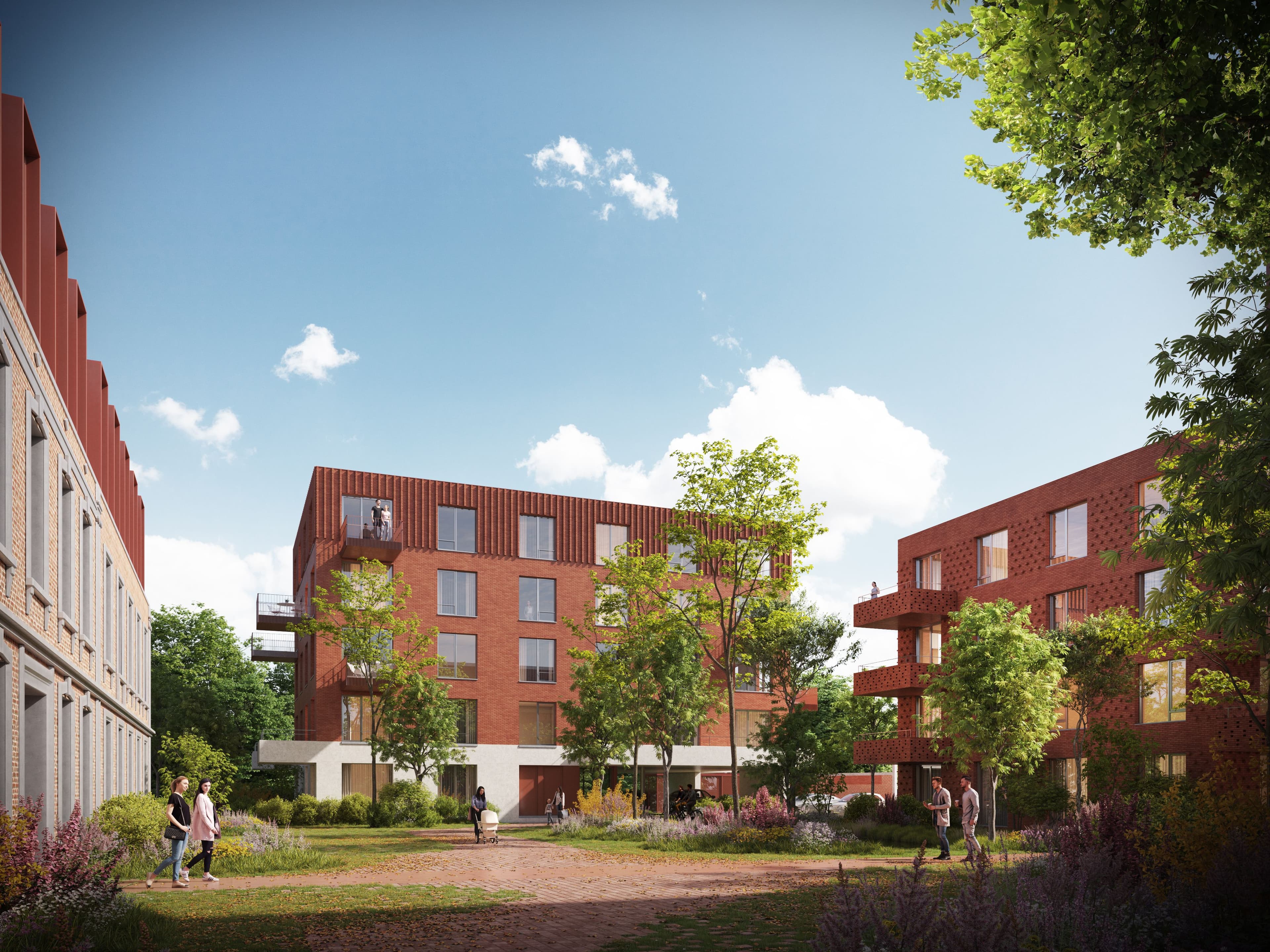 Ensemble résidentiel en briques organisé autour d’un espace vert paysager avec cheminements piétons. Les bâtiments intègrent balcons et terrasses dans un environnement calme et arboré.