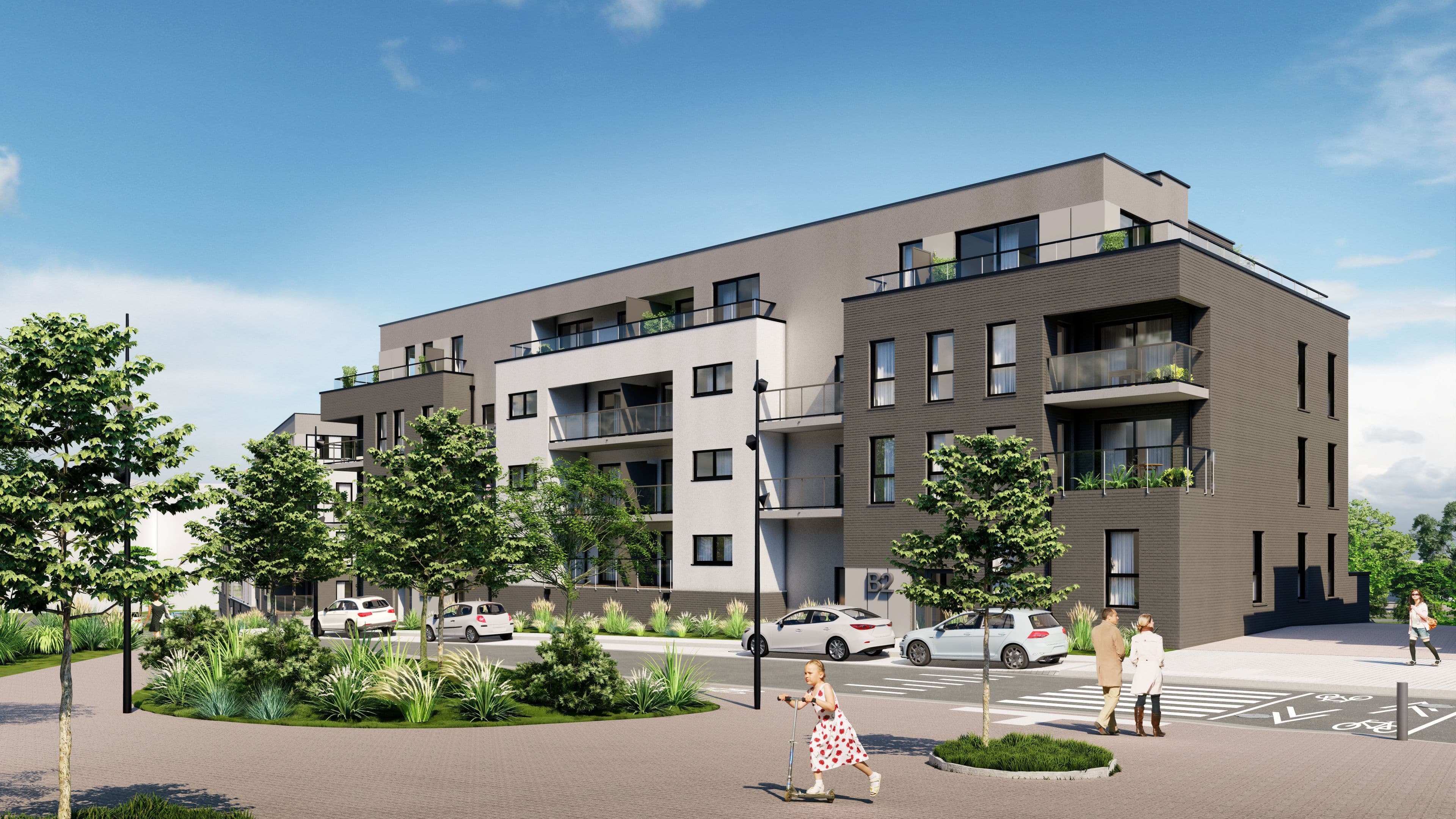 Immeuble résidentiel contemporain avec balcons et terrasses, intégré dans un environnement paysager. Le projet se situe en bord de rue, avec des espaces verts et des cheminements piétons aménagés.