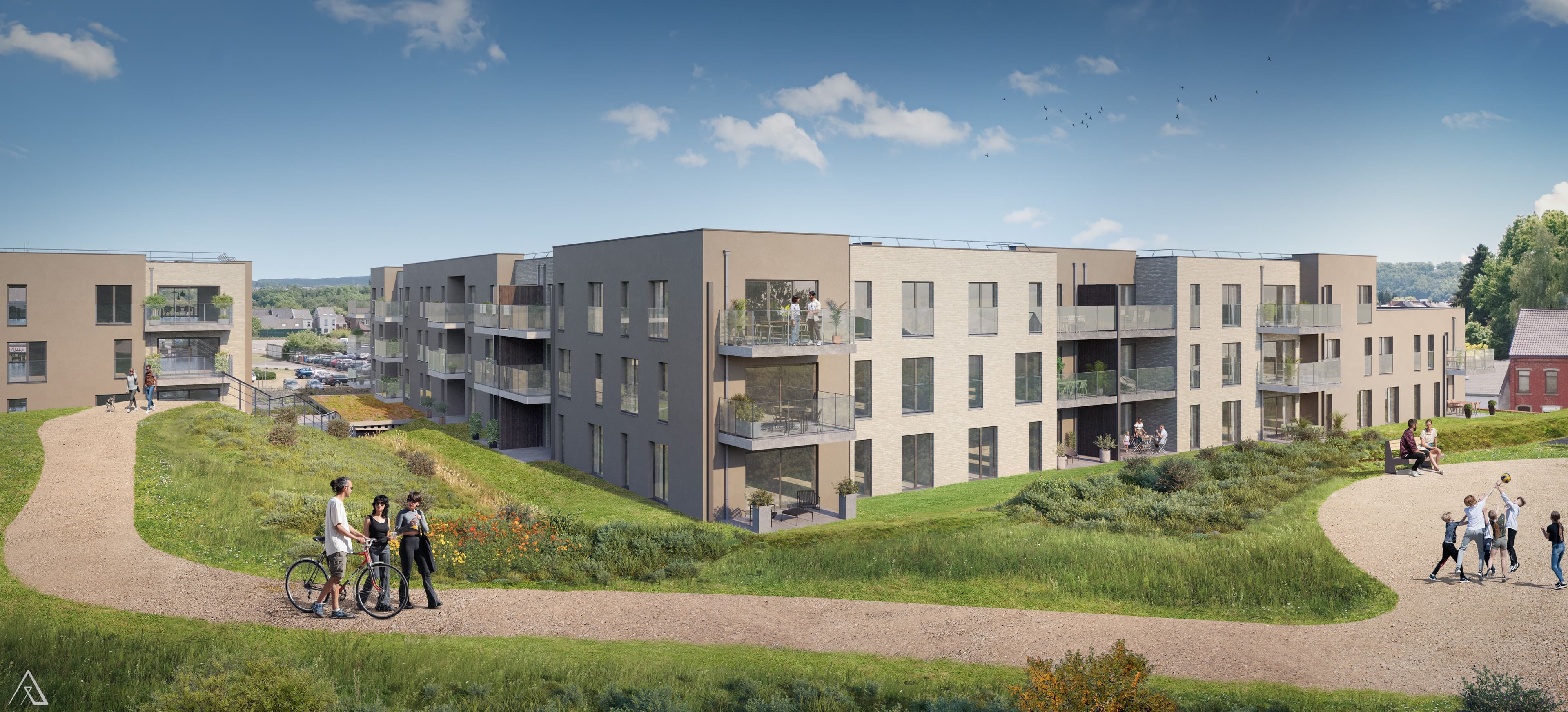 Implantation résidentielle ouverte sur un paysage naturel, avec des volumes contemporains intégrés dans un relief doux et végétalisé.