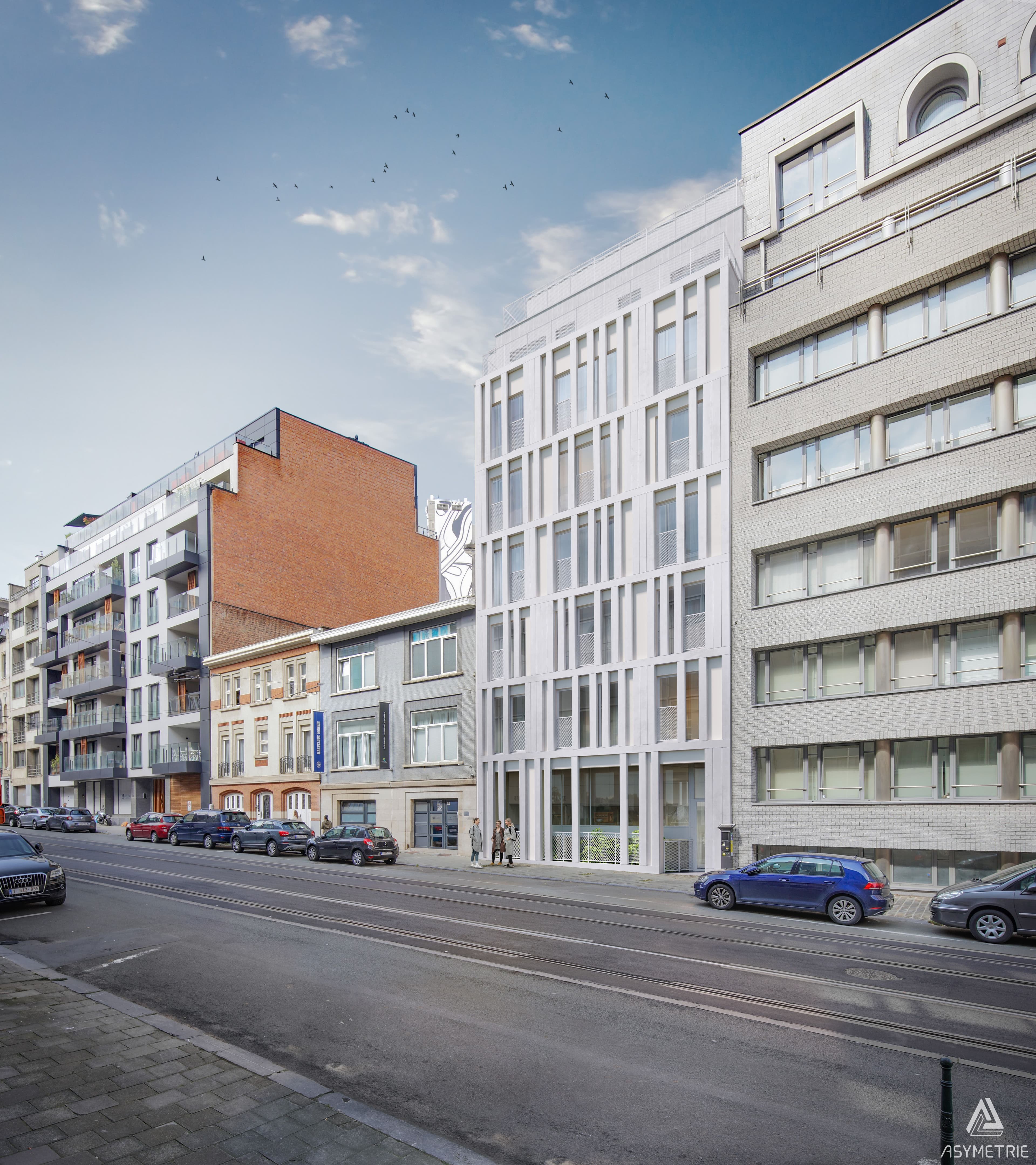 Immeuble résidentiel moderne à façade blanche situé Boulevard de la Cambre à Bruxelles, idéal pour l'achat ou la location d'appartements neufs en plein cœur de la ville.