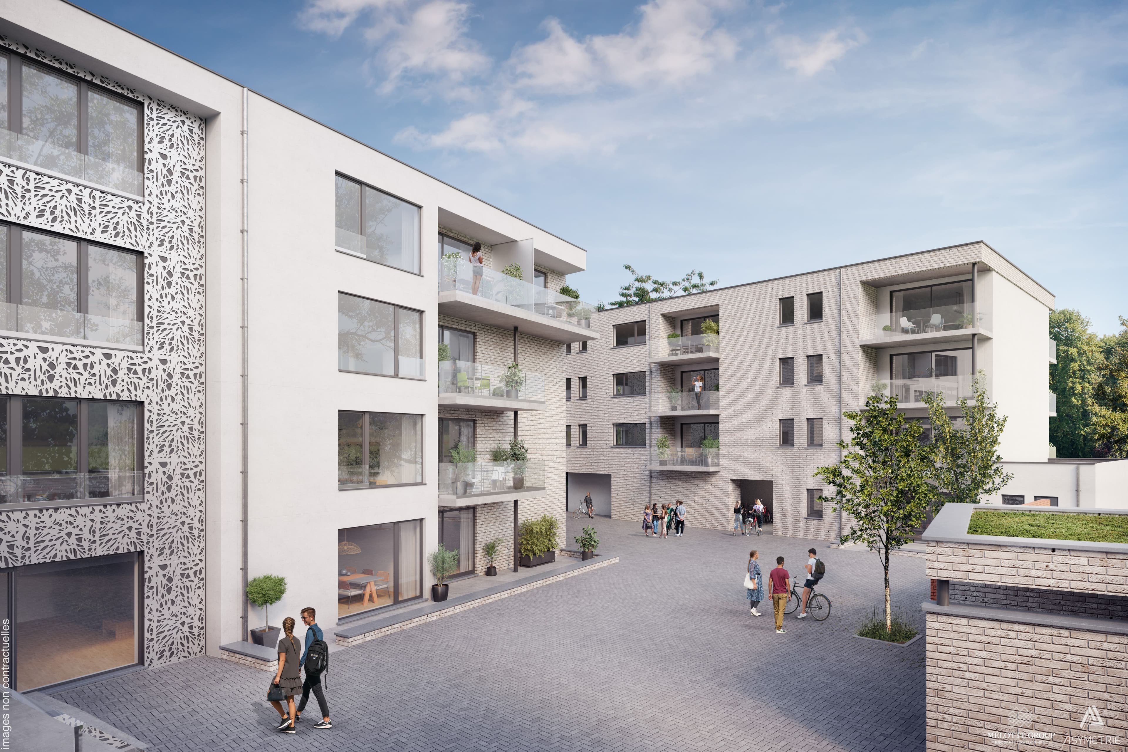 Ensemble résidentiel contemporain organisé autour d’une cour intérieure avec circulations piétonnes. Les immeubles en briques et enduit clair intègrent balcons, terrasses et aménagements paysagers.