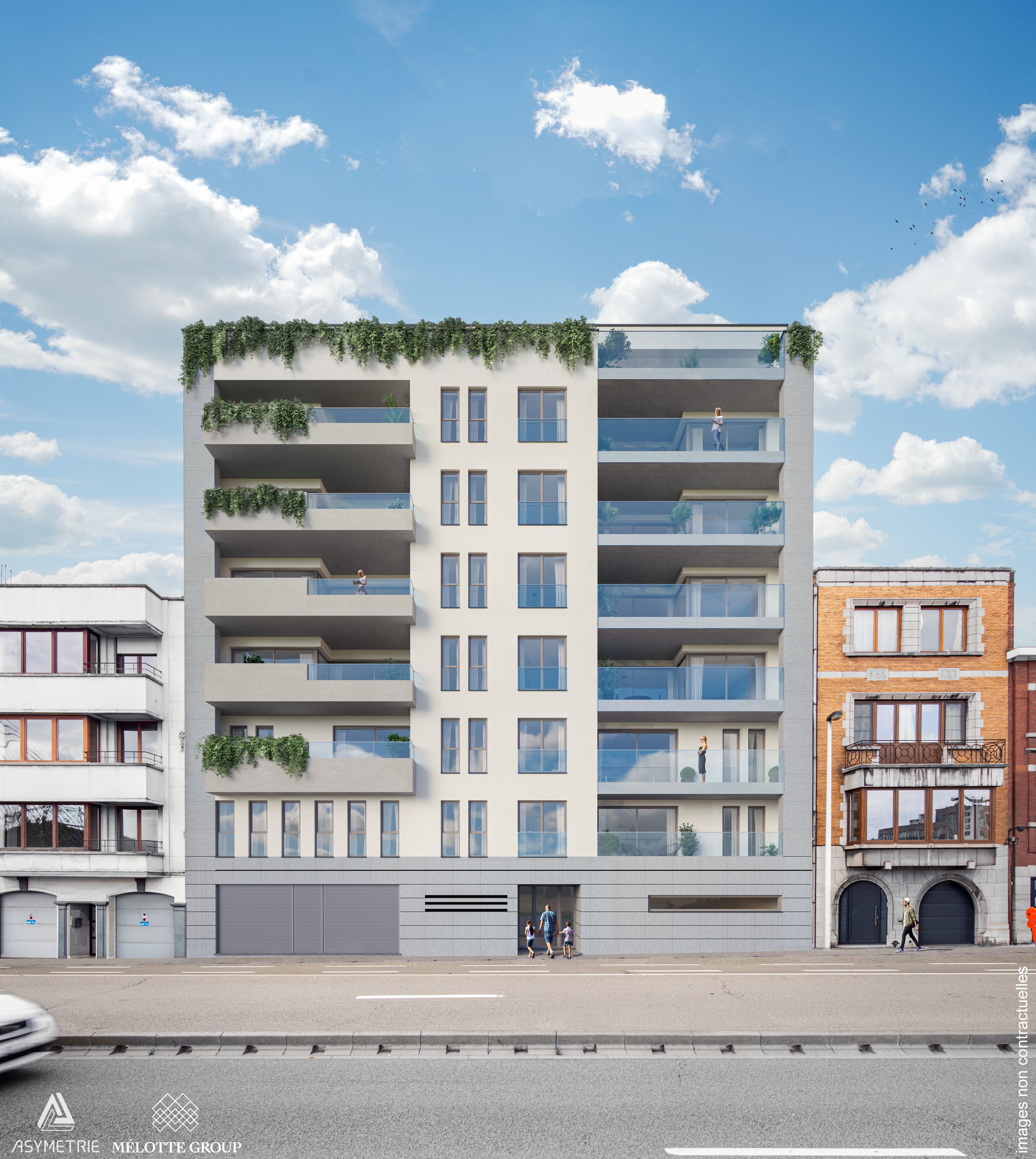 Immeuble résidentiel moderne en façade urbaine.