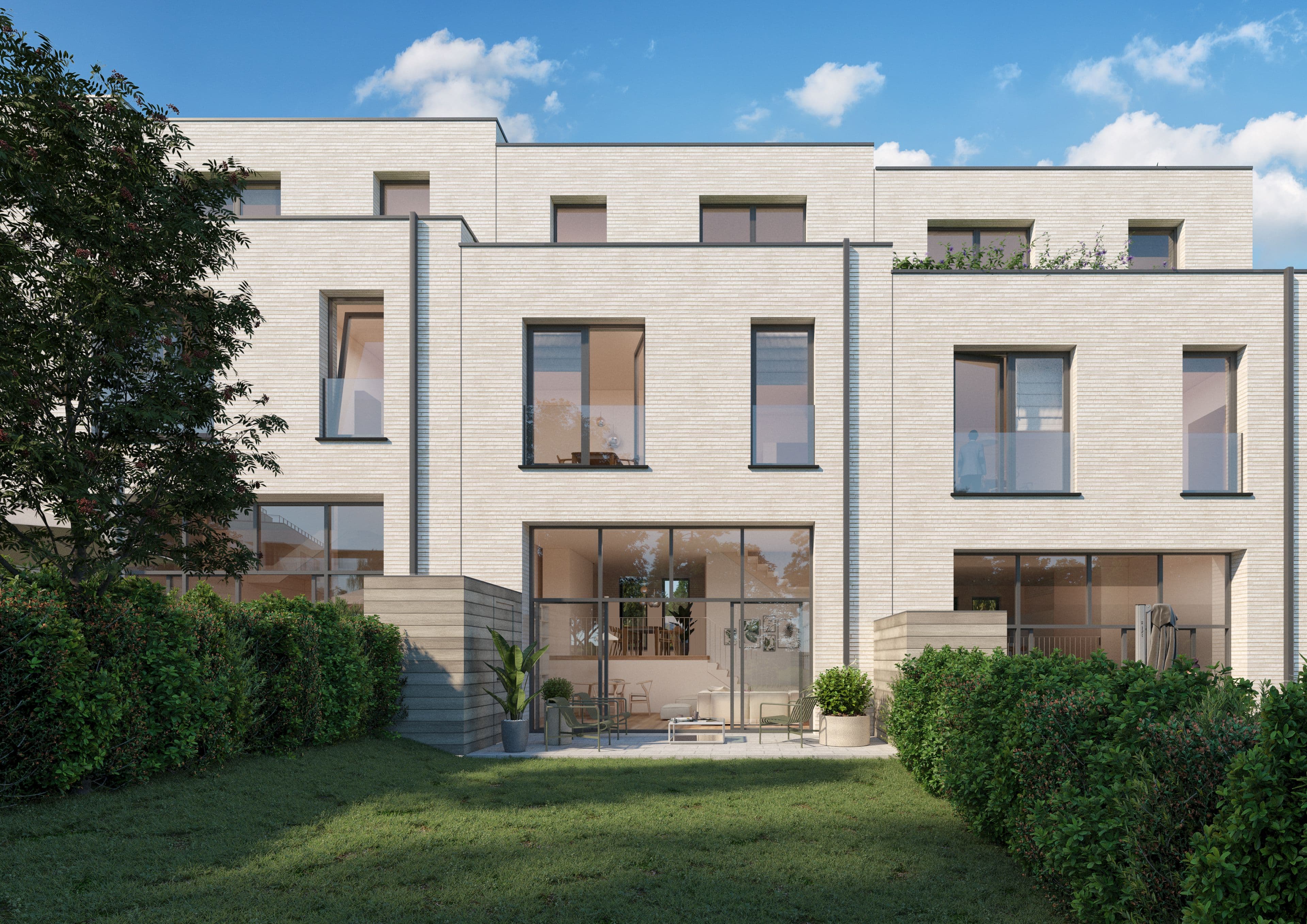 Appartement neuf avec jardin privatif, grandes baies vitrées et architecture contemporaine en briques claires en Belgique