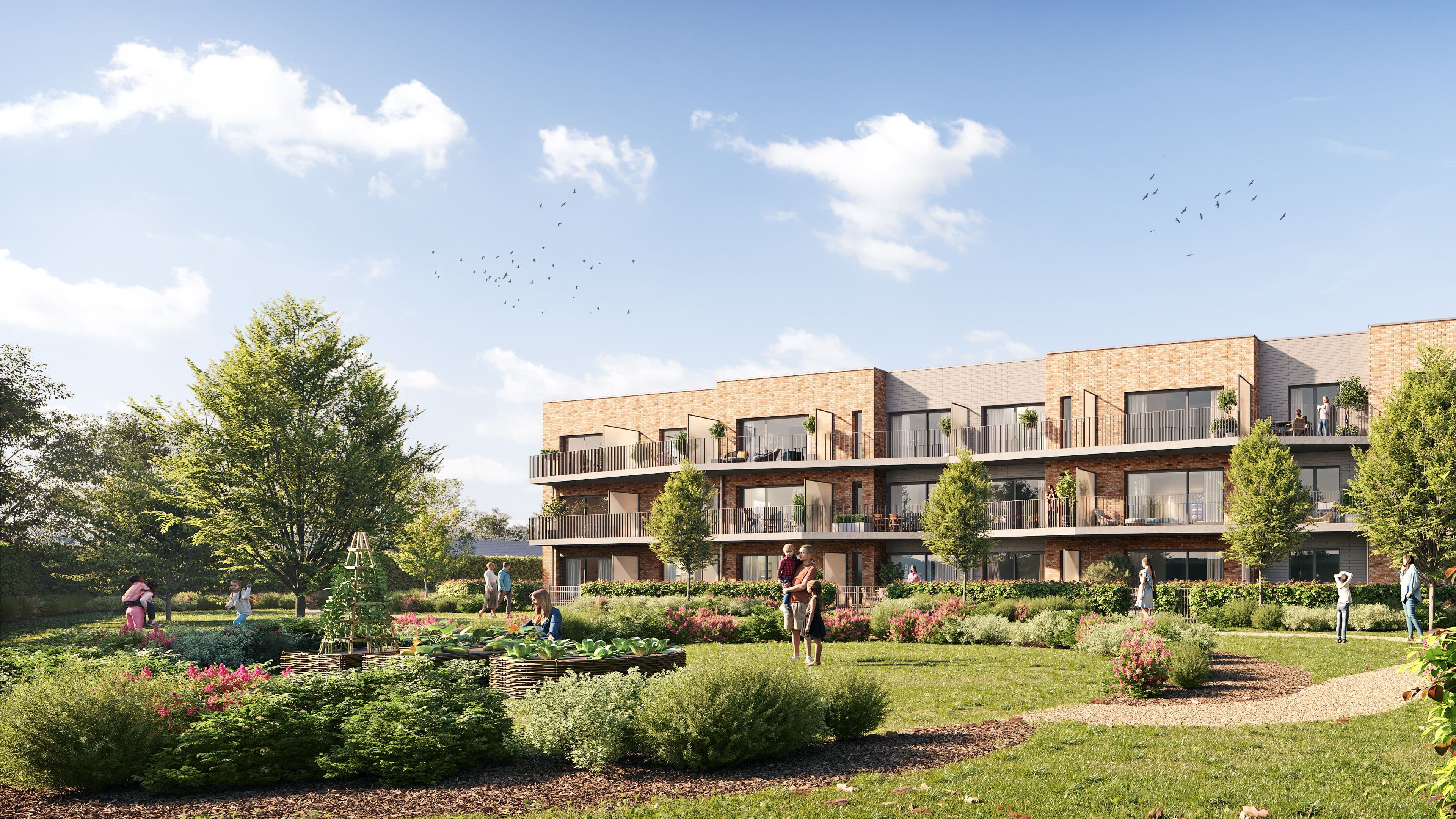 Résidence neuve en briques avec appartements à balcons donnant sur un vaste jardin commun fleuri et aménagé, offrant un cadre de vie verdoyant et familial à Berchem.