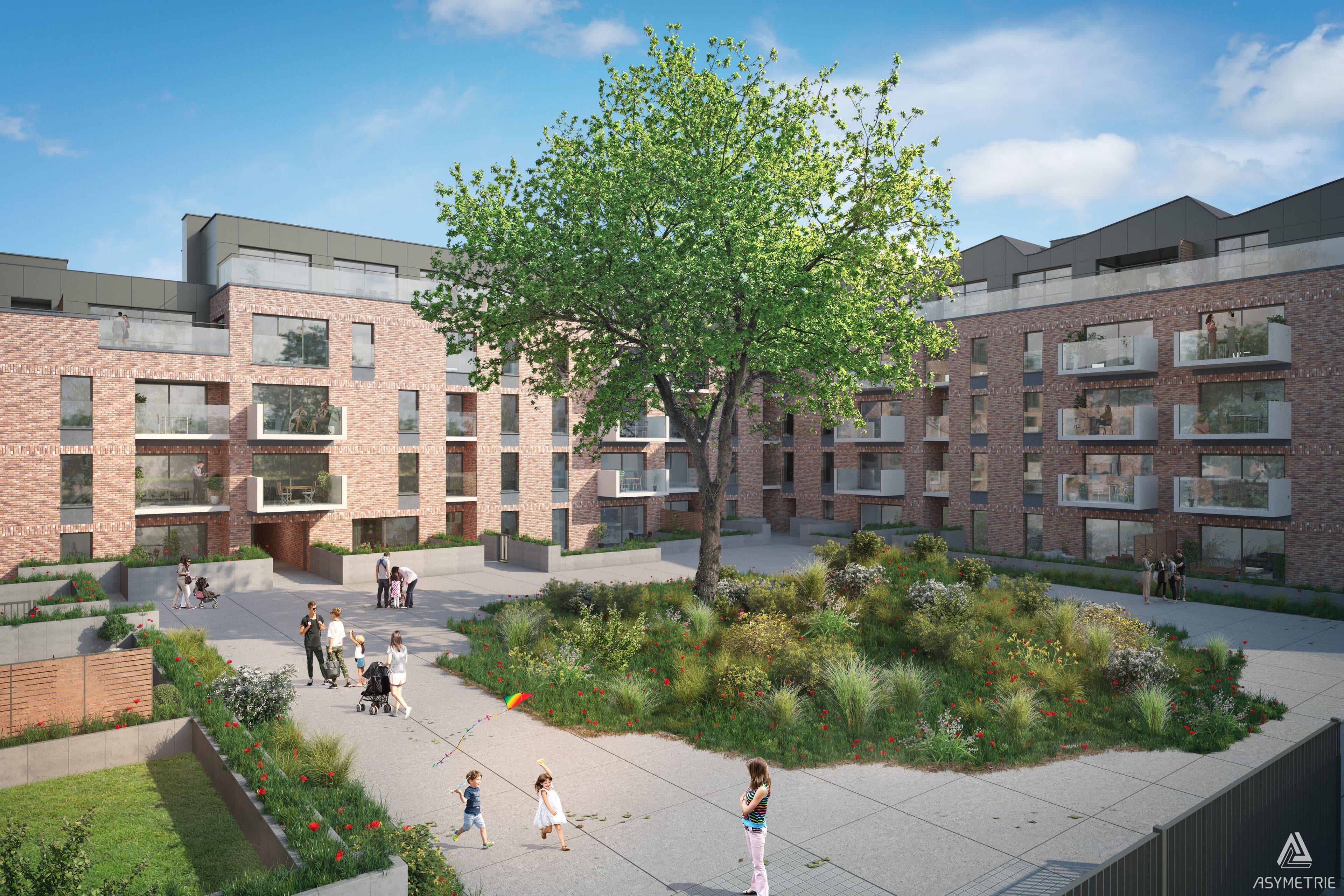 Ensemble résidentiel en briques organisé autour d’un jardin central paysager avec un grand arbre. Des cheminements piétons et des espaces verts favorisent un cadre de vie convivial et familial.