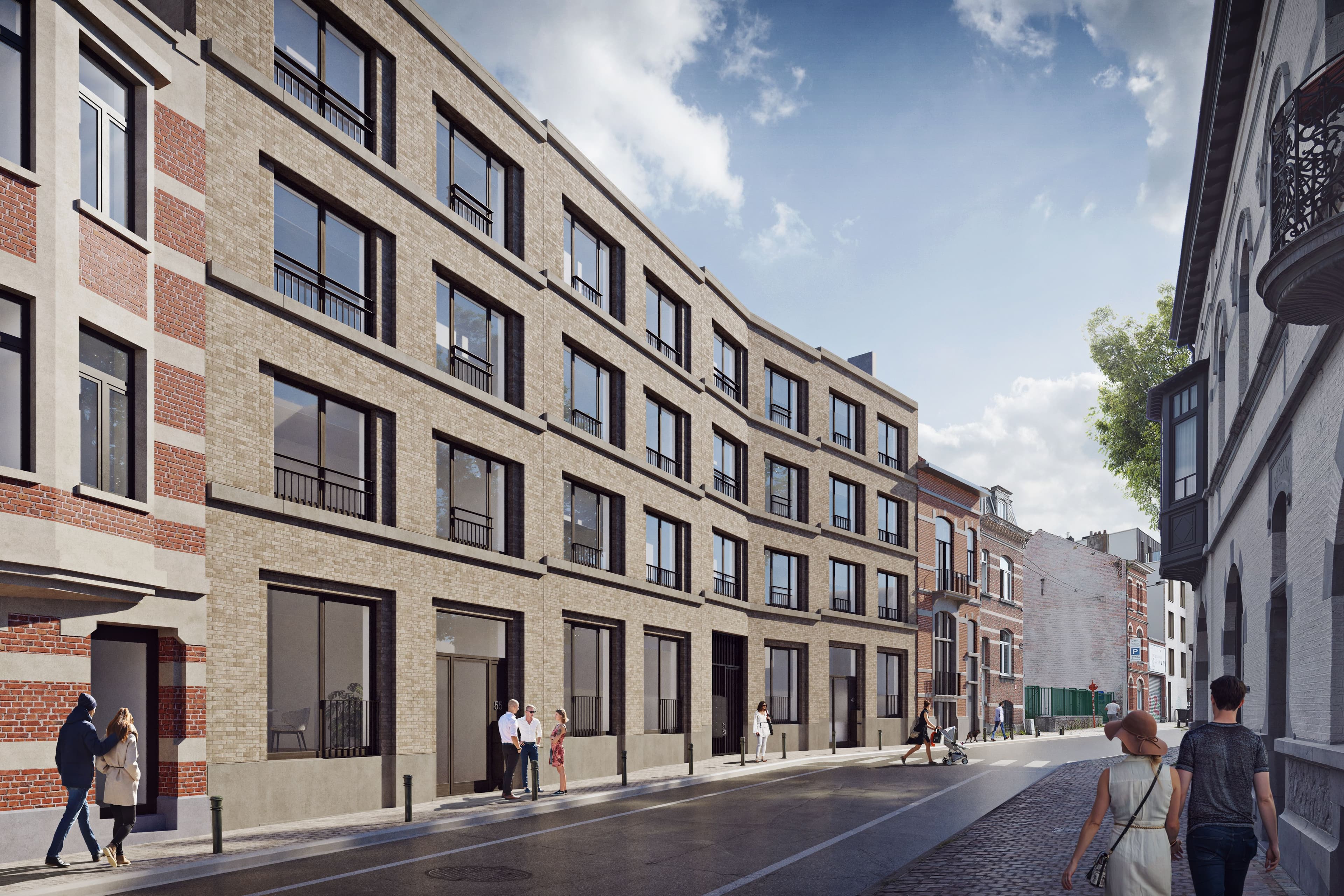 Immeuble résidentiel neuf en briques avec architecture contemporaine et intégration urbaine dans un quartier de Bruxelles