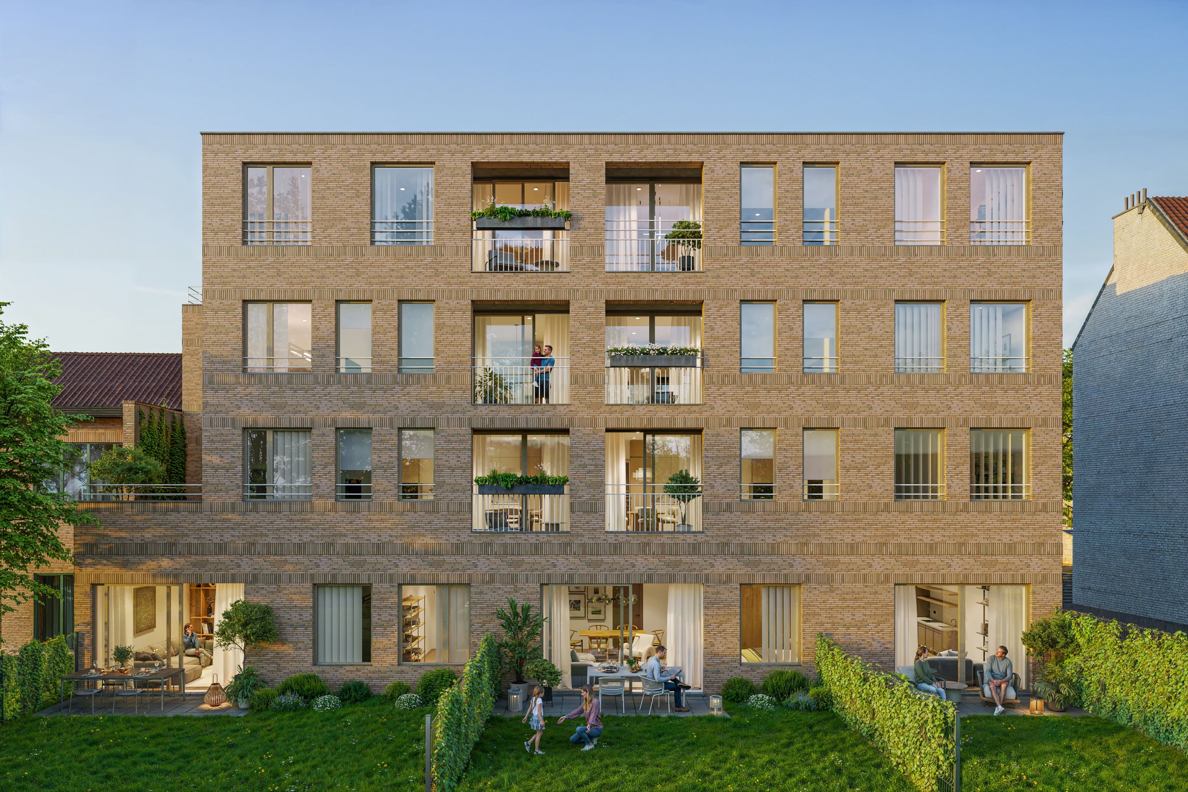 Immeuble résidentiel neuf en briques avec appartements modernes, balcons et jardins privatifs, situé dans un environnement calme et verdoyant en Belgique